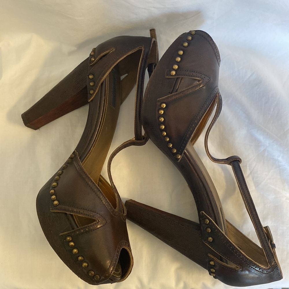 Prada Leather and Wood T Strap Sandals